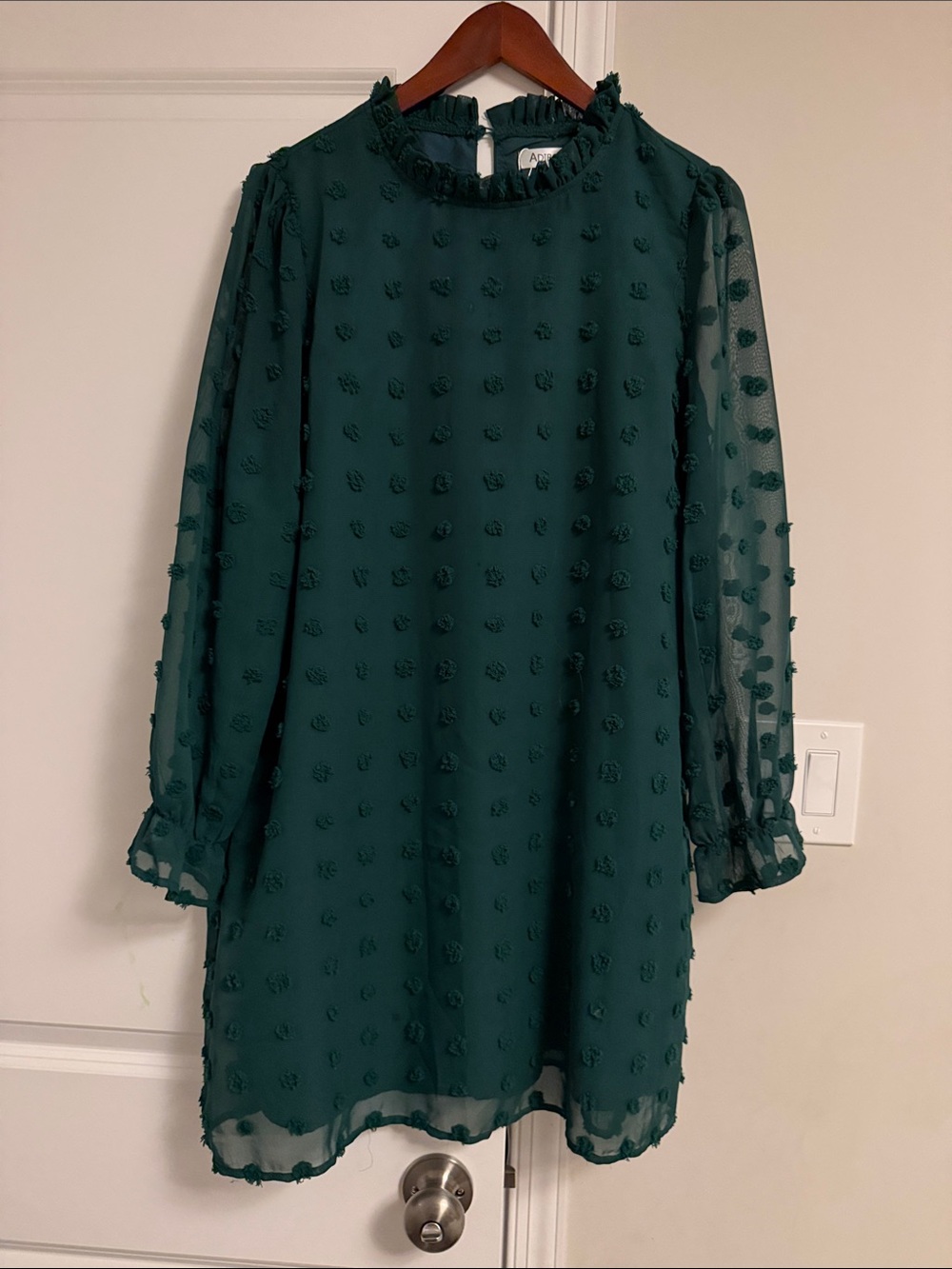 Textured Dot Emerald Green Long-Sleeve Mini Dress